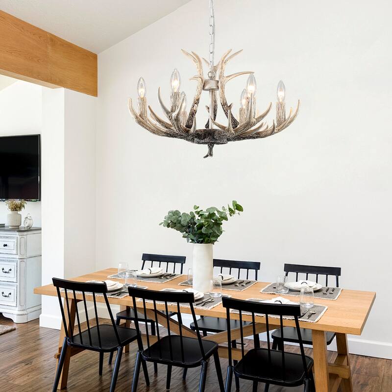 6-light farmhouse adjustable height pendant light with decorative resin antlers