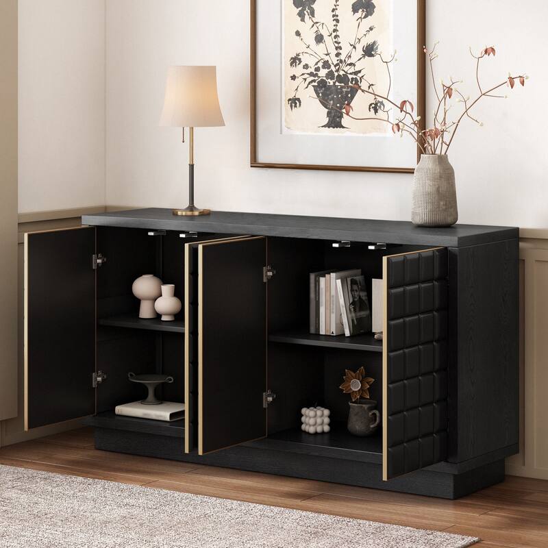 Buffet Cabinet with Storage, 4-Door Wood Sideboard with Adjustable Shelves, Geometric Door Design, Modern Home Coffee Bar