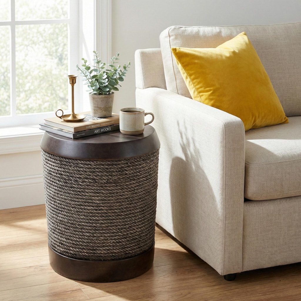 Outdoor Dark Brown Simulated Braided Cord MGO Side Table with Vintage Trim, Indoor Retro Cylindrical End Table for Home