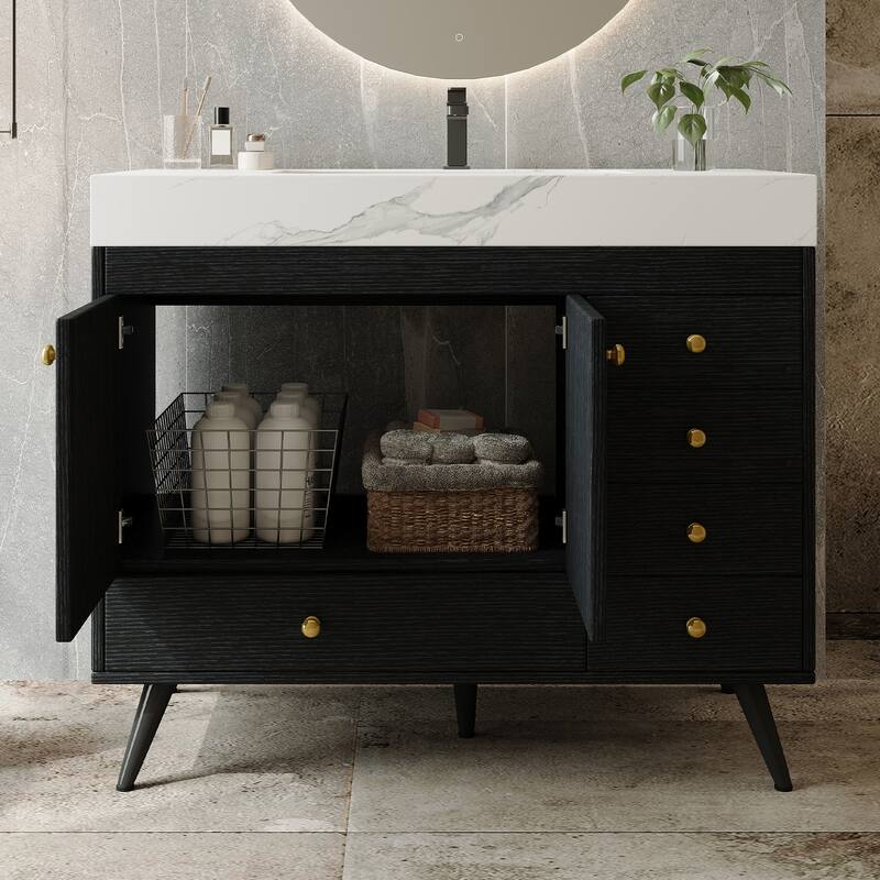 36" Freestanding Bathroom Vanity with Faux Marble Top, Ceramic Sink, 5 Drawers & Stainless Steel Legs - Black/Gold/White