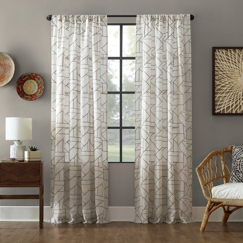 Archaeo Jigsaw Embroidery Linen Blend Curtain, Single Panel - 50" x 108" - Gray/Linen