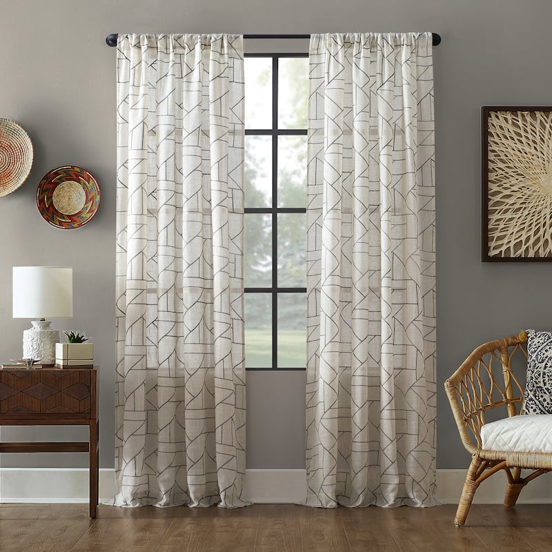 Archaeo Jigsaw Embroidery Linen Blend Curtain, Single Panel - 50 x 95 - Gray/Linen