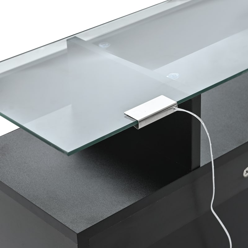 Slim Hidden Shoe Cabinet with 2 Flip Drawers, Tempered Glass Top Shoe Storage Cabinet, Freestanding LED Light Shoe Rack