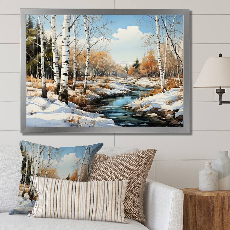 Designart "Birch Woods Winter Whispers III" Tree Birch Framed Wall Art Living Room - Silver - 20 in. wide x 12 in. high