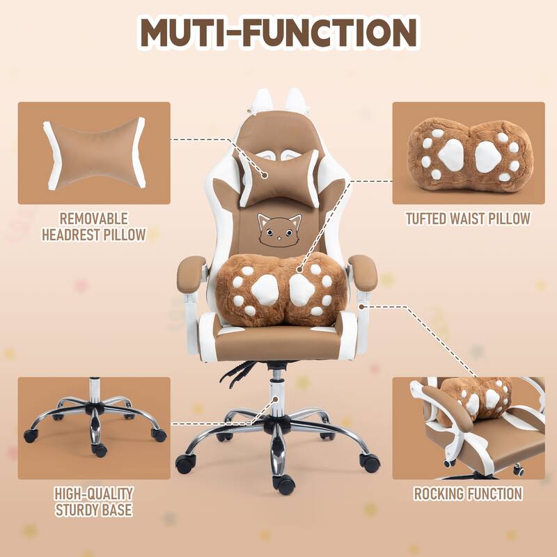 Cute Gaming Chair with Cat Paw Lumbar Cushion and Cat Ears, Ergonomic Computer Chair,Reclining PC Game Chair