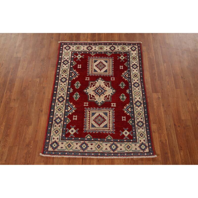 Geometric Red Kazak Oriental Accent Rug Handmade Wool Carpet - 3'3"x 4'6"