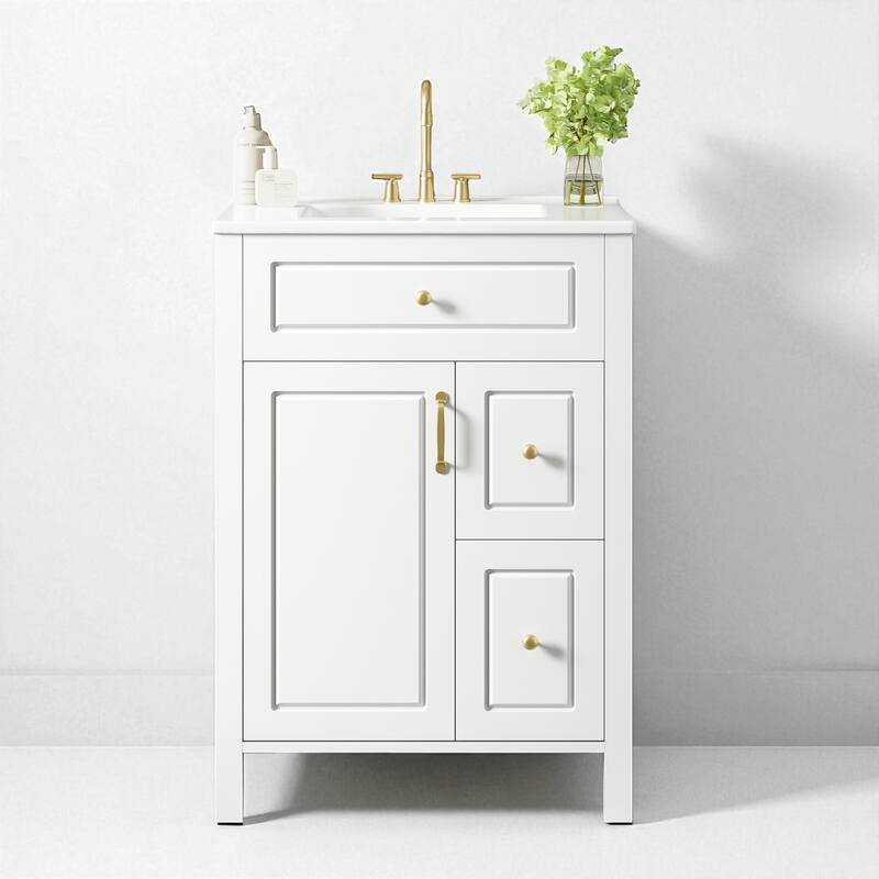 24" Bathroom Vanity with Ceramic Sink, White Free Standing Cabinet with 1 Door, 2 Drawers, and Door Storage Rack - White