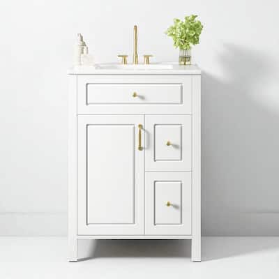 24" Bathroom Vanity with Ceramic Sink, White Free Standing Cabinet with 1 Door, 2 Drawers, and Door Storage Rack