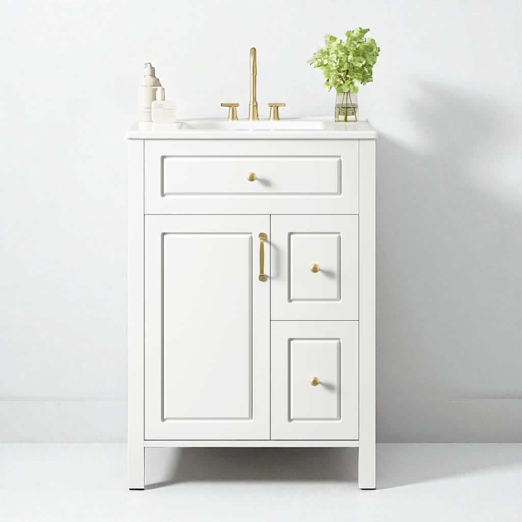 24" Bathroom Vanity with Ceramic Sink, White Free Standing Cabinet with 1 Door, 2 Drawers, and Door Storage Rack