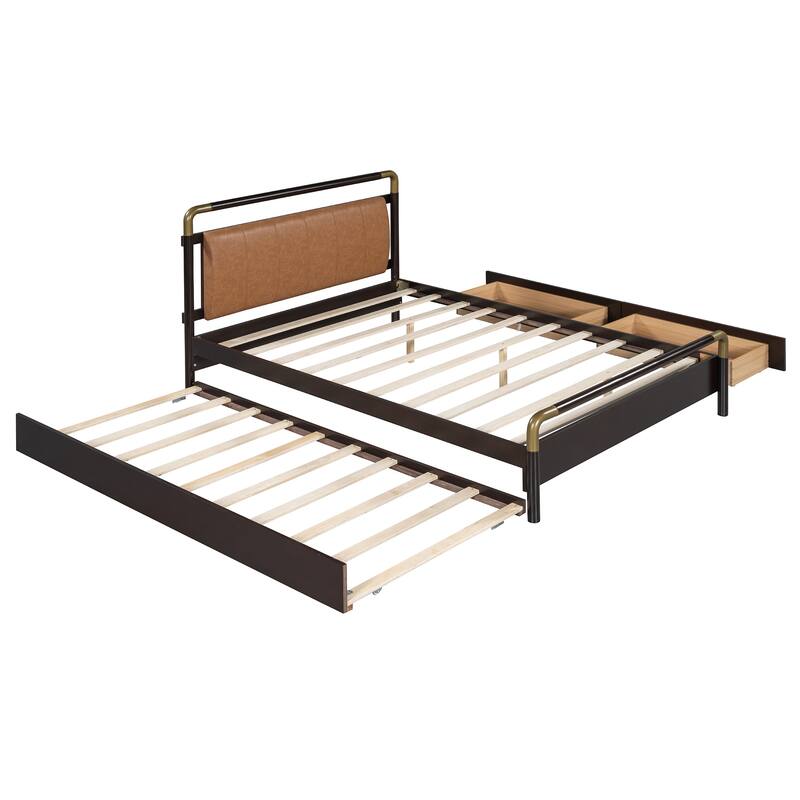 Queen Size Platform Bed with PU Backrest, Trundle Bed & 2 Storage Drawers