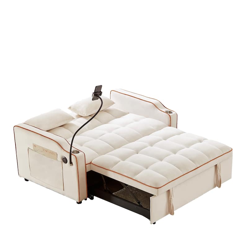 Versatile Foldable Sofa Bed in Beige, Solid Wood+MDF+Resin, Adjustable Back, USB Port & Phone Stand
