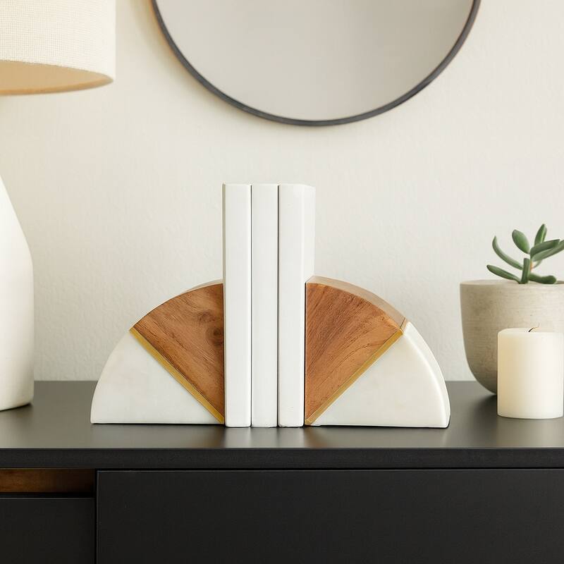 Decorative Wood and Marble Bookends - 5", White & Brown - 4.5" - White/ Brown - 4.5"