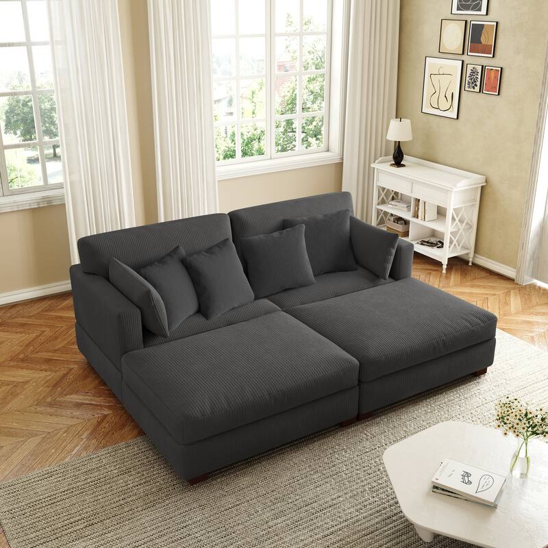 Corduroy Modular Sectional Sofa Deep Seat Corner Sofas & Ottomans - Grey-4Pillows