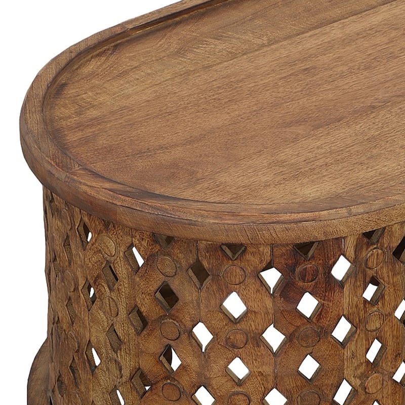 36 Inch Handcrafted Oval Coffee Table, Intricate Cutout Design, Antique Brown