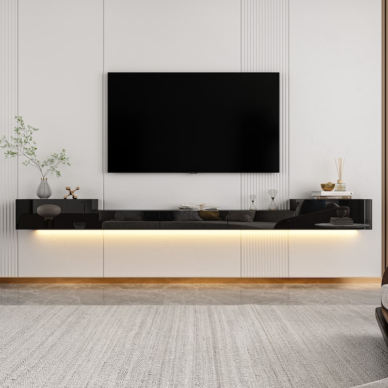 Floating TV Unit,Wall Mounted TV Cabinet Modern High Gloss With Light - 110.2"