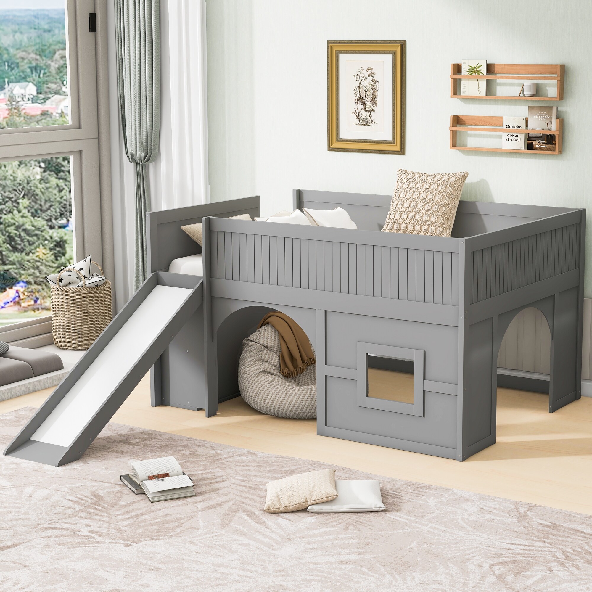 Full-Size Low Loft Bed with Slide & Storage Shelves, Wood Loft Bed Frame with Guardrails, Door & Window Design for Kids Bedroom