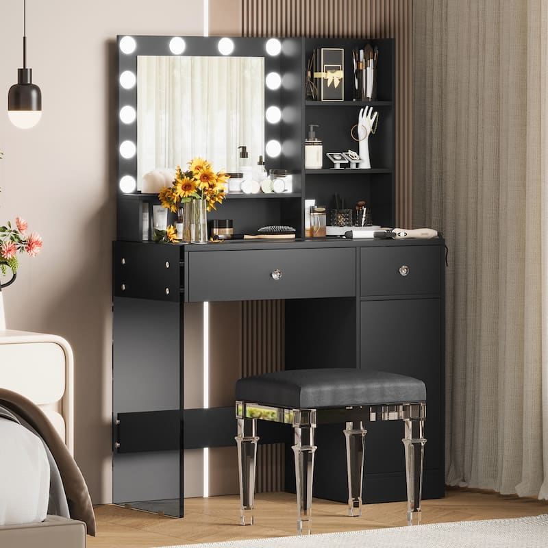 Vanity Desk with Mirror and 3 Lighting Modes - Black