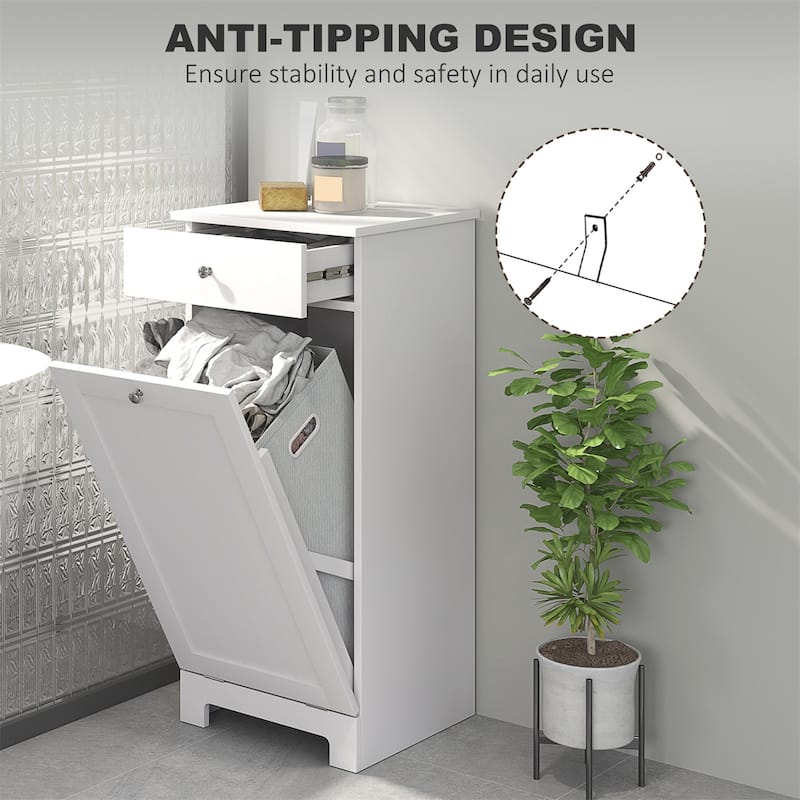 White Laundry Hamper Cabinet with Tilt Out Hamper Drawer and Foldable Bag MDF for Bathroom or Bedroom Organization
