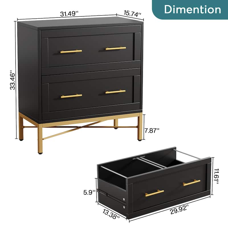 32 Inch File Cabinet, Modern 2 Drawer Lateral Filing Cabinet for Letter/Legal/A4 Size, for Home Office, White Gold