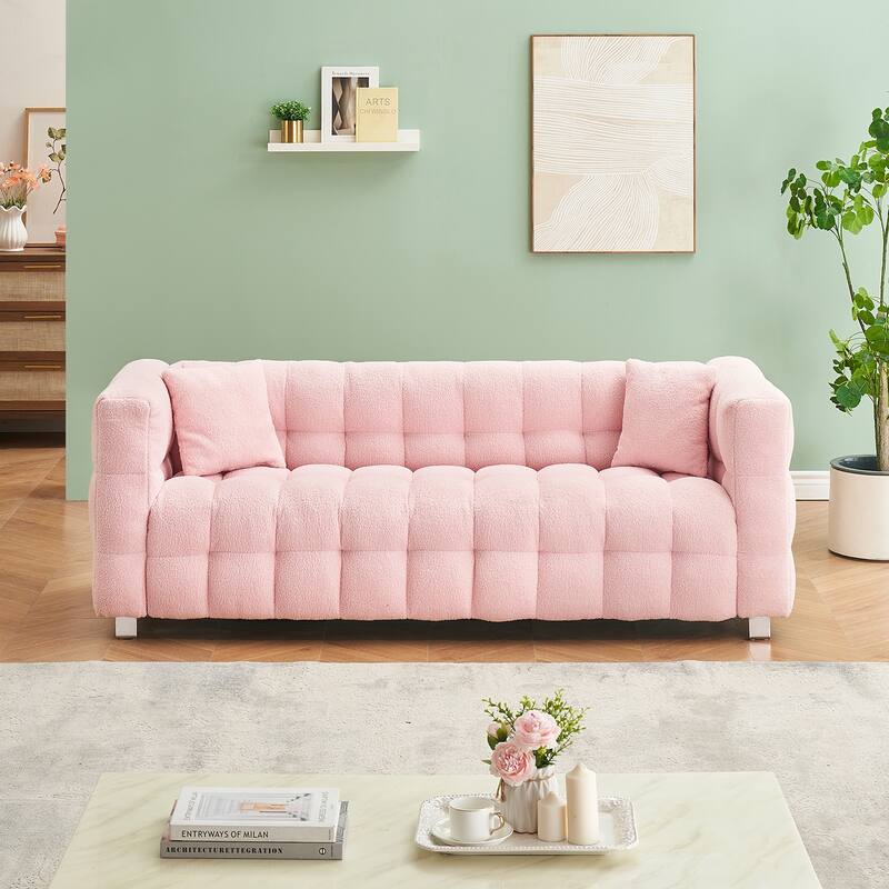Teddy Plush Sofa 80 Inch Living Room Bedroom Discharge With Two Pillows Hardware Feet - Pink