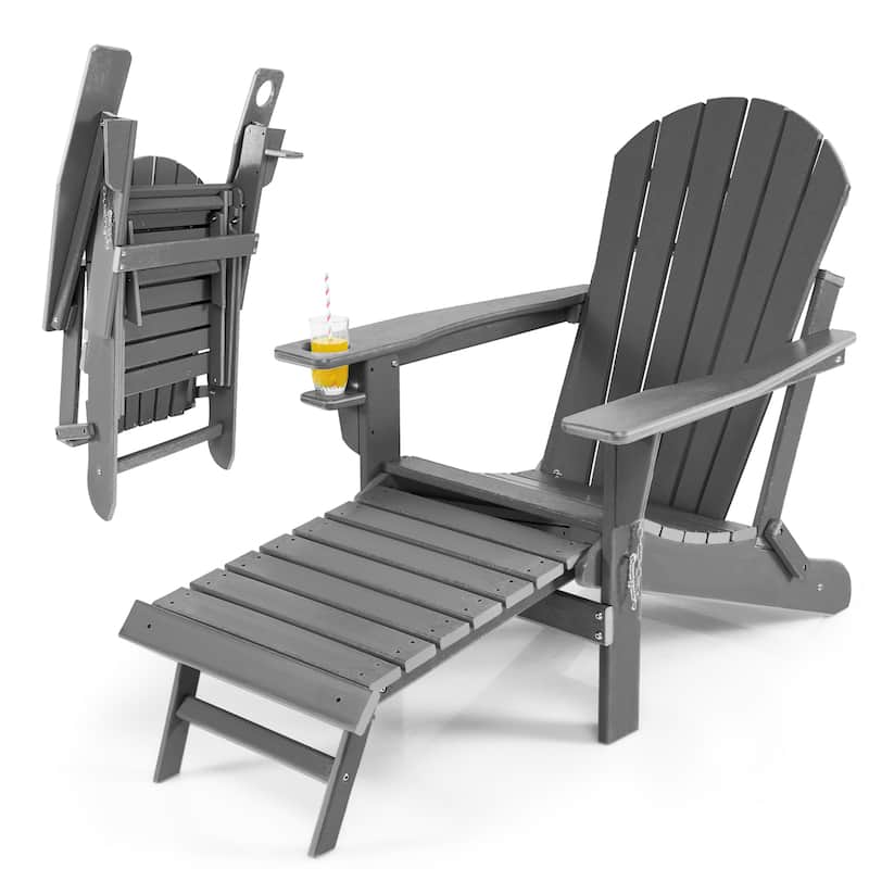 Costway Patio Folding Adirondack Chair HDPE All-Weather Pull-Out - 30''x 53''x 36.5'' - Grey