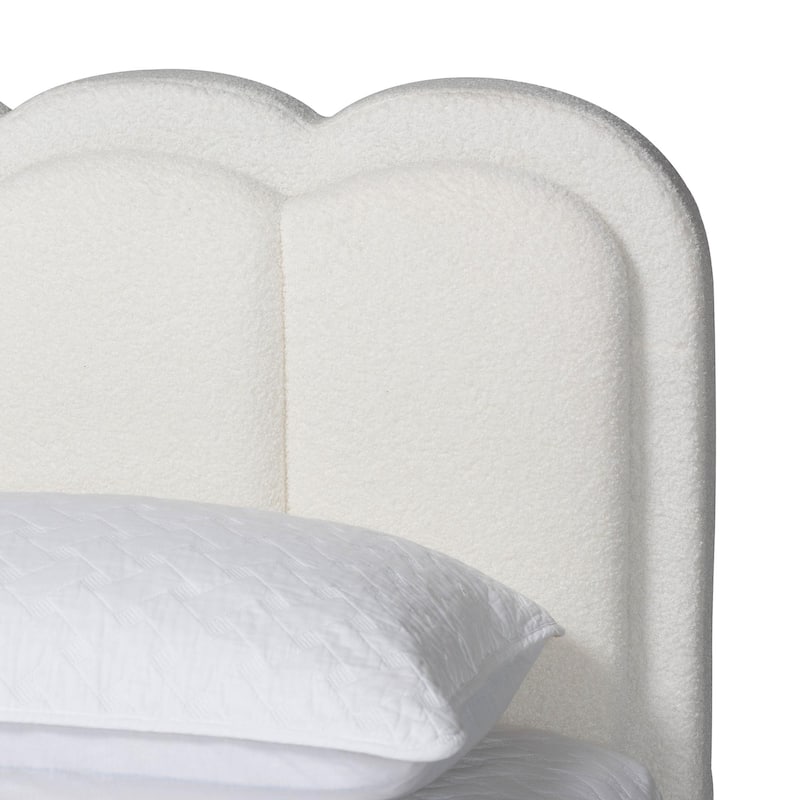 Caradonna Cream Teddy-Bear Fabric Bed with Storage Drawers - Fully Upholstered Platform Bed with Scalloped Headboard, Queen