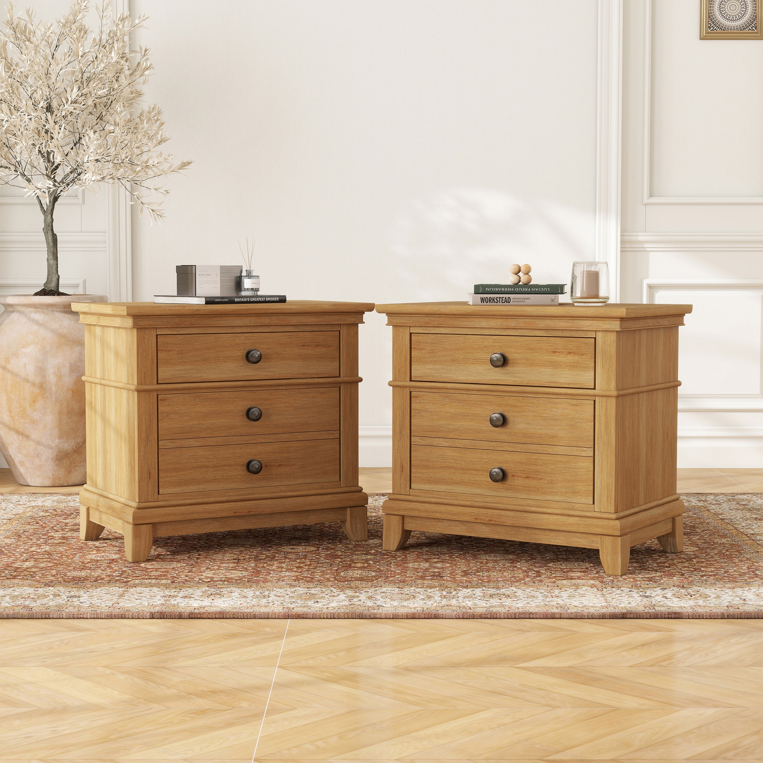 Furniture of America Wellington Farmhouse Natural Oak Wood 2-Drawer Nightstand (Set of 2)