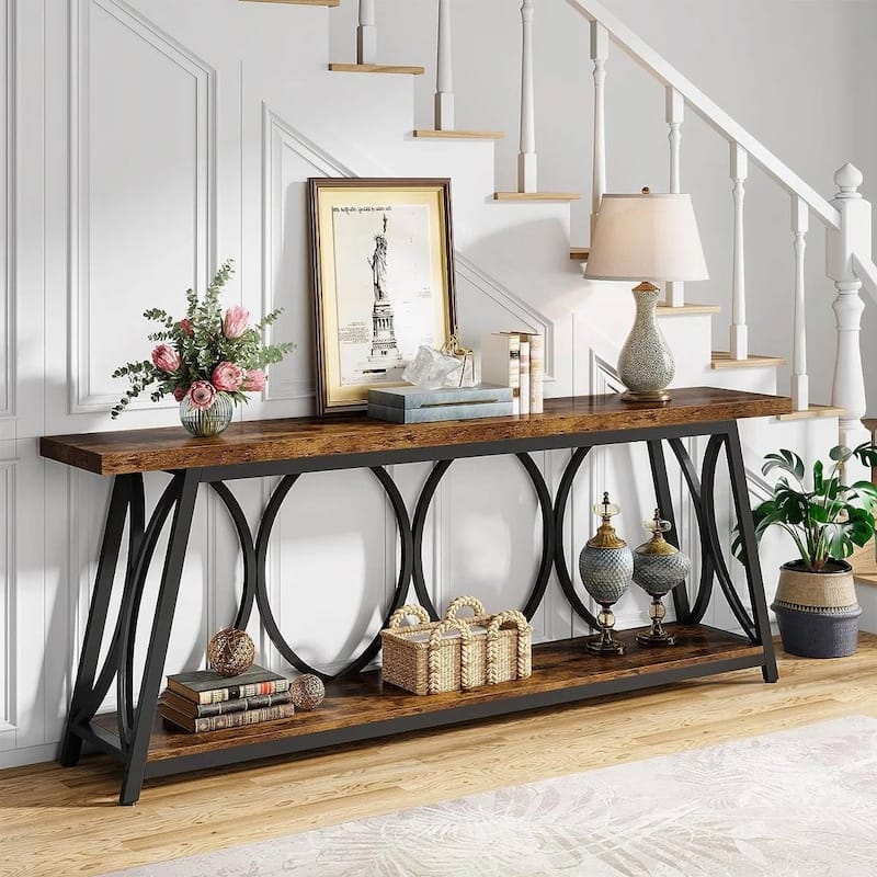 Wood Top Particleboard Steel Console Table with Shelf - 70.87” L x 31.50” H x 11.81” D
