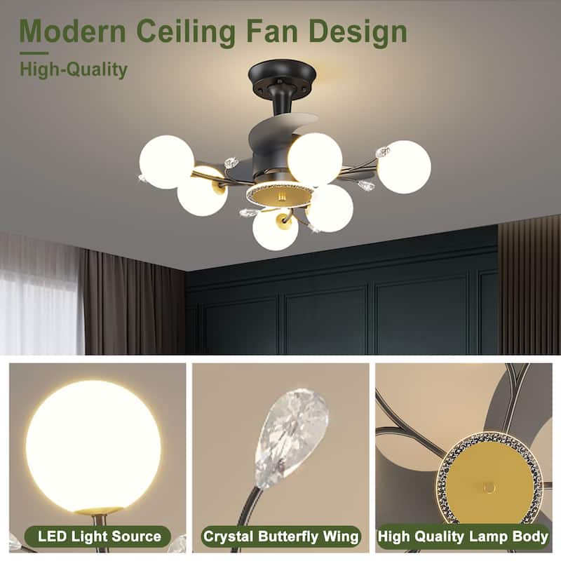 Ceiling Fan with Milky Glass Globe Shade, Modern Low Profile Reversible Fandelier for Bedroom