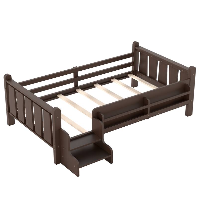 Full/Twin Floor Bed with Storage Bookcases & Cute Stairs - Solid Wood Kids Bed, No Box Spring
