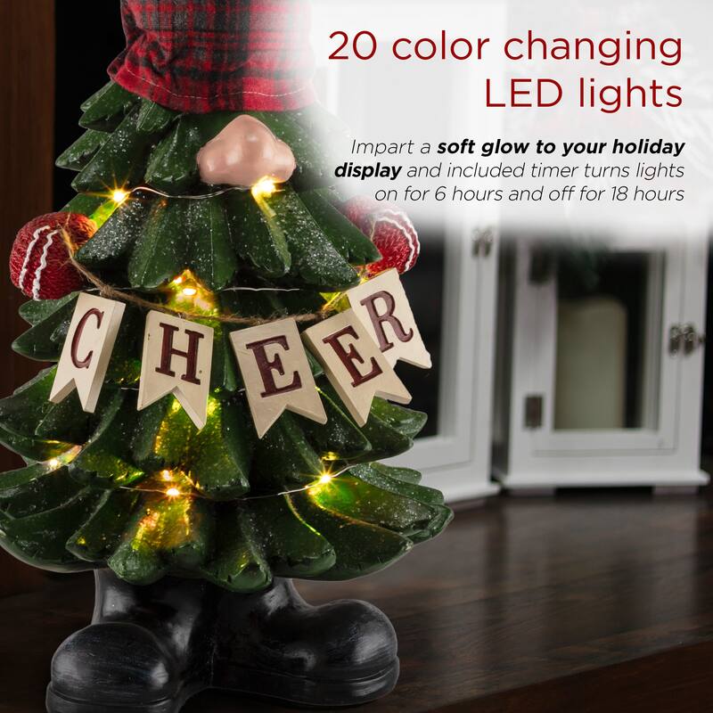 Alpine Corporation 28"H Polyresin Christmas Tree Gnome Decoration with Color Changing LED Lights