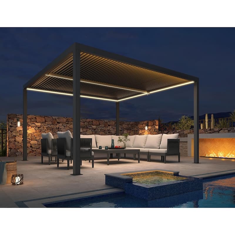 PURPLE LEAF Gray Louvered Pergola Outdoor Aluminum Pergola with Adjustable Roof for Patio Grey Hardtop Gazebo