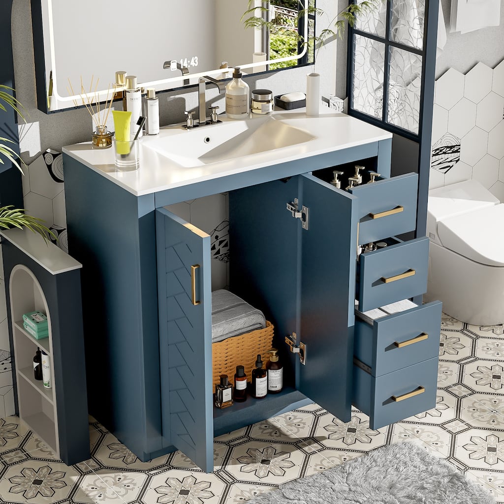 36'' Bathroom Vanity with Ceramic Sink Combo, elegant Solid Wood Frame Bathroom Storage Cabinet