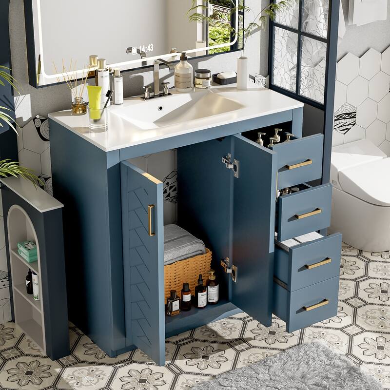 Freestanding Geometric Pattern Bathroom Vanity Solid Wood Frame Storage Cabinet with Sink, 3 Drawers and Soft Closing Doors
