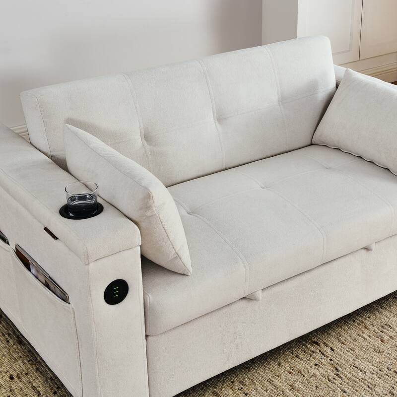 Chenille Pull-Out Sleeper Loveseat Bed Adjustable Backrest Tufted Futon Sofa with 2 Pillow and USB Ports, Pockets