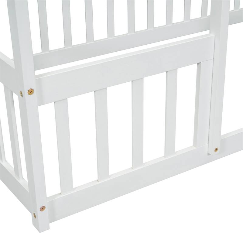 Twin Size Wood House Floor Bed with Fence and Guardrails