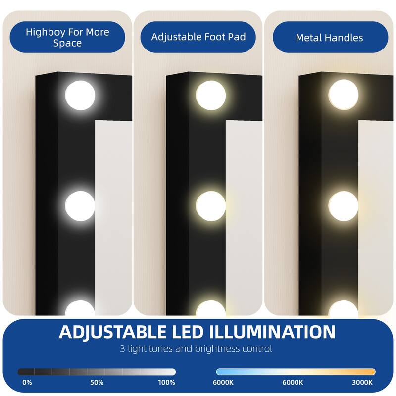 Moasis White 10-Drawer Cosmetic Vanity Desk Set with Glass Tabletop Makeup Vanity with LED Strip