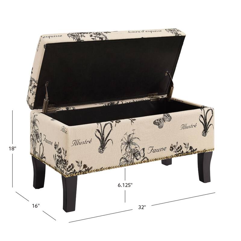 Upholstered Rectangular Botanical Storage Ottoman - 32" - Black