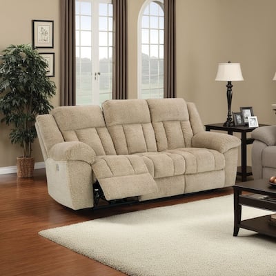 Kendy Power Recliner Sofa, USB Ports, Beige Brown Polyester 91 Inch