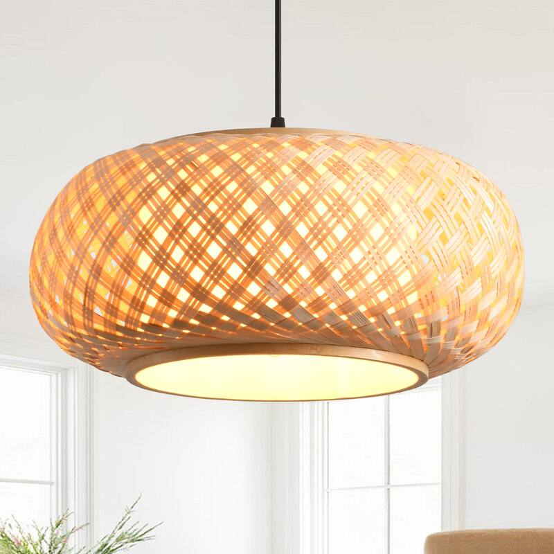 16" Bohemian Natural Bamboo Round Handmade Adjustable Pendant Chandelier