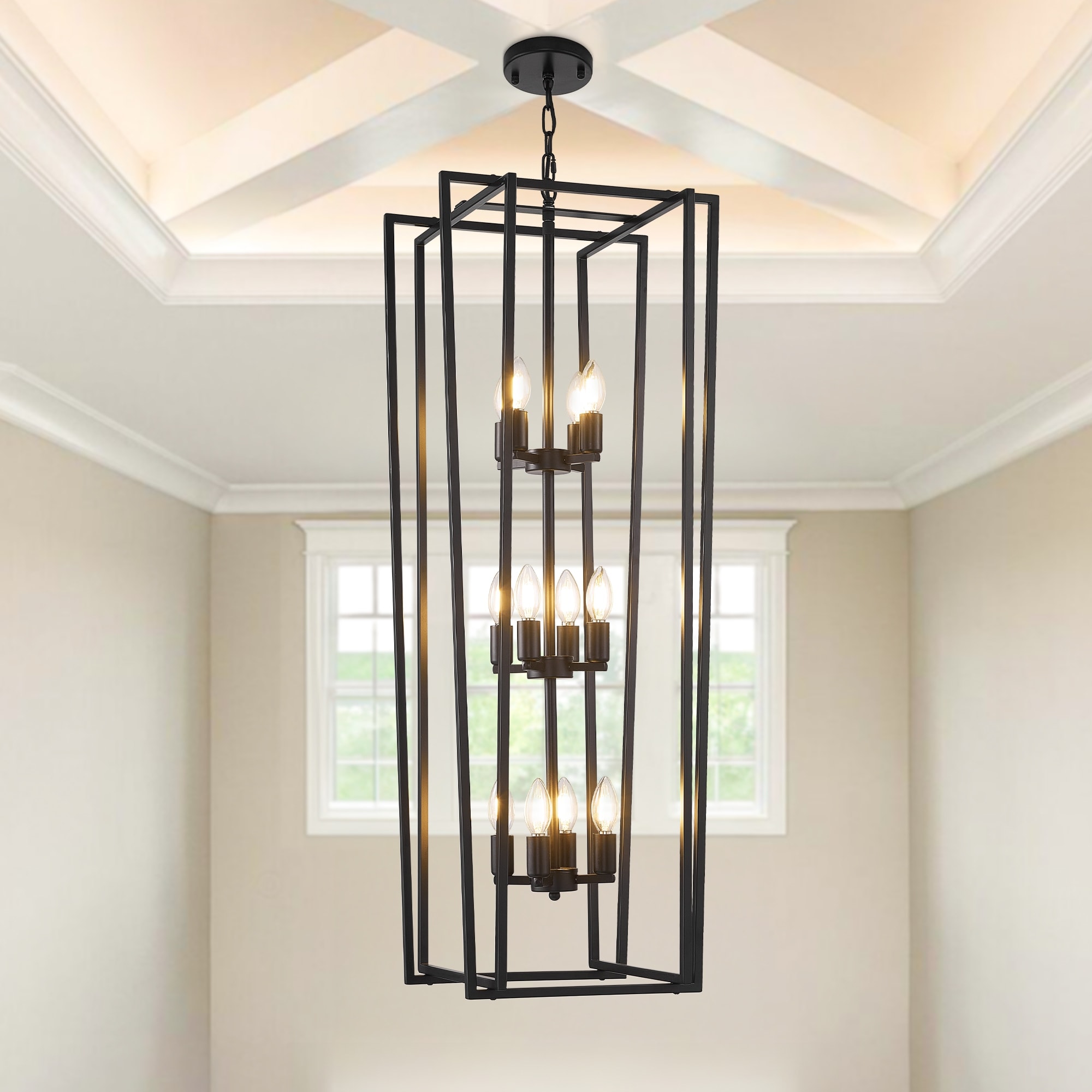 12-Light Lantern Chandelier Lighting, 15-Inch Entryway Chandelier Light Fixture for High Ceilings, Height Adjustable - N/A