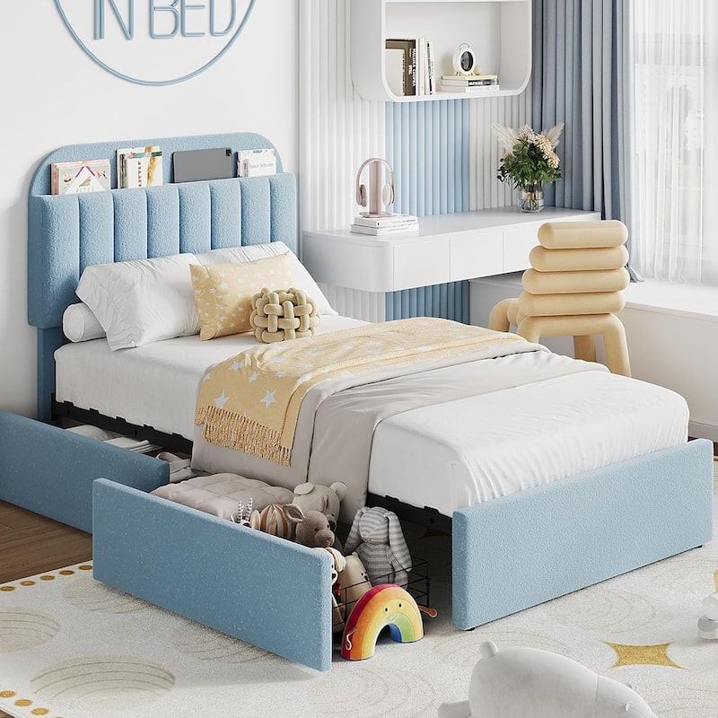 Bed Frame with 2 Drawers, Boucle Upholstered - Blue - Twin