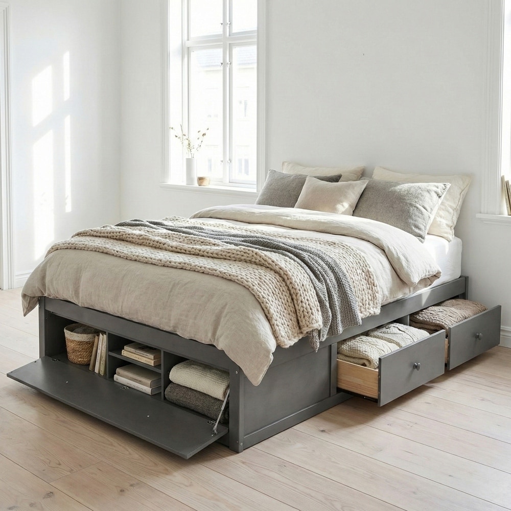 Queen Size Platform Bed Frame with 4 Storage Drawers and Hydraulic Lift Footboard Storage