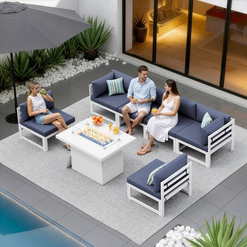 7 Piece Aluminum Patio Furniture Set with Fire Pit Propane/Gas, 29 inch Deep Wide Seat Aluminum Outdoor Sectional