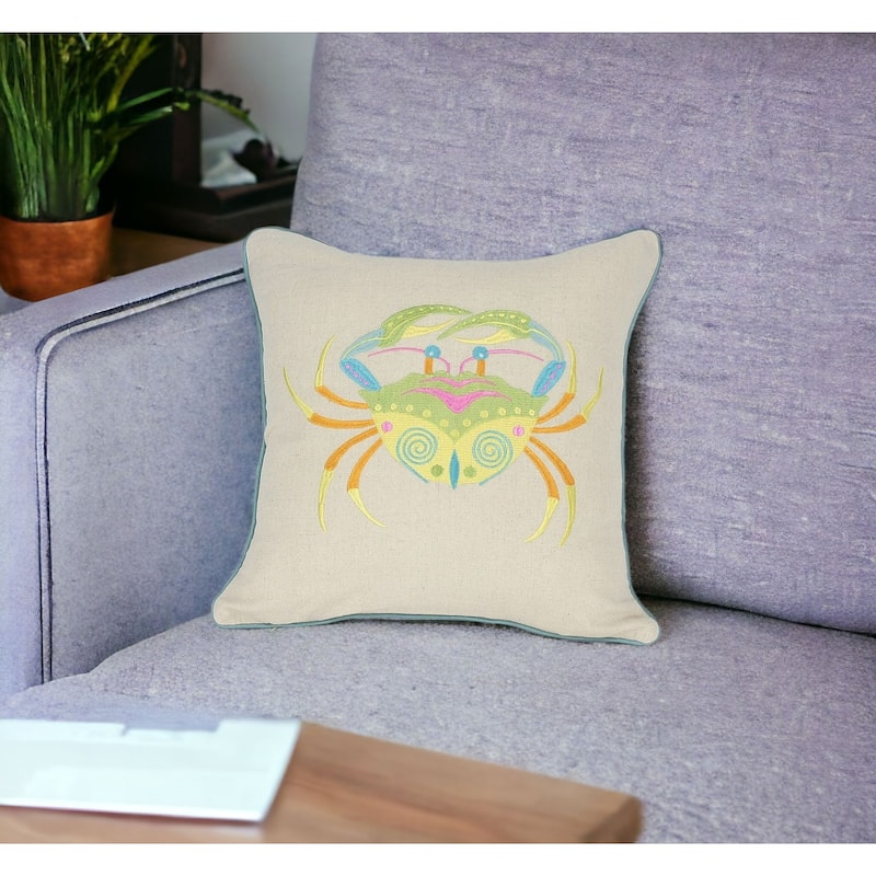 HomeRoots 18" x 18" Beige and Aqua Crab Linen Blend Zippered Pillow With Embroidery