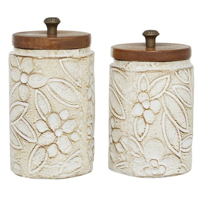 Ceramic Handmade Intricately Carved Decorative Jars with Wood Lids - Set of 2 White - Roche River Decor - 6"W x 11"L x 10"H