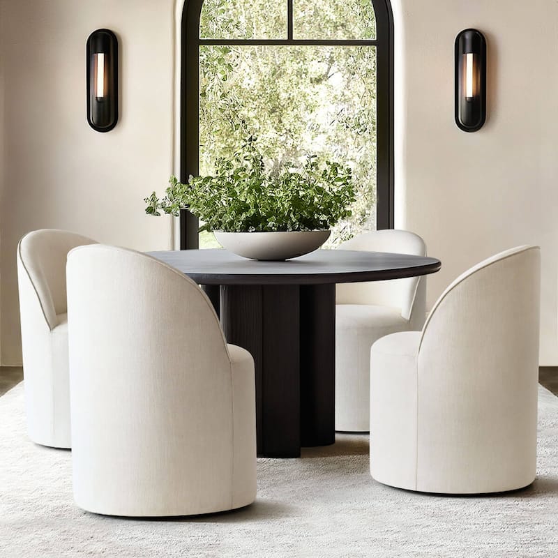 Linen Upholstered Dining Chair with Castors (Set of 4) - Cream