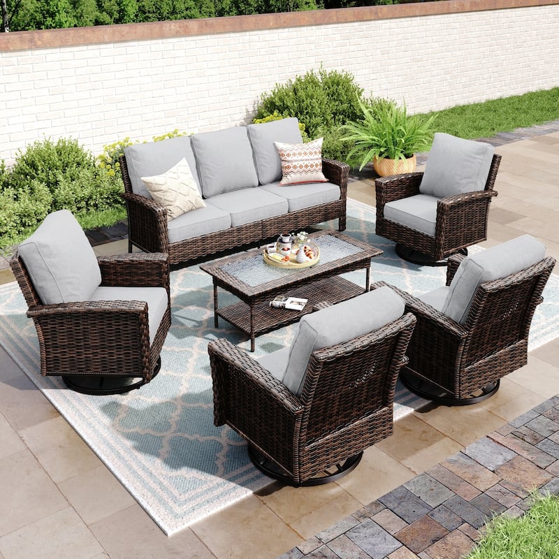 MAISON ARTS Extra-Large Patio Wicker Sofa Conversation Set with Coffee Table, Oversize Seat with 5.5'' Thick Padded Cushion - 7 Seats + 47'' Table - Grey