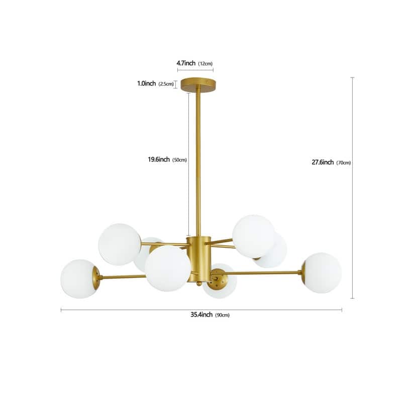 35" Contemporary 8-Light Gold Chandelier Featuring White Glass Globe Shades - Mid-Century Inspired Branching Design (No Bulbs).