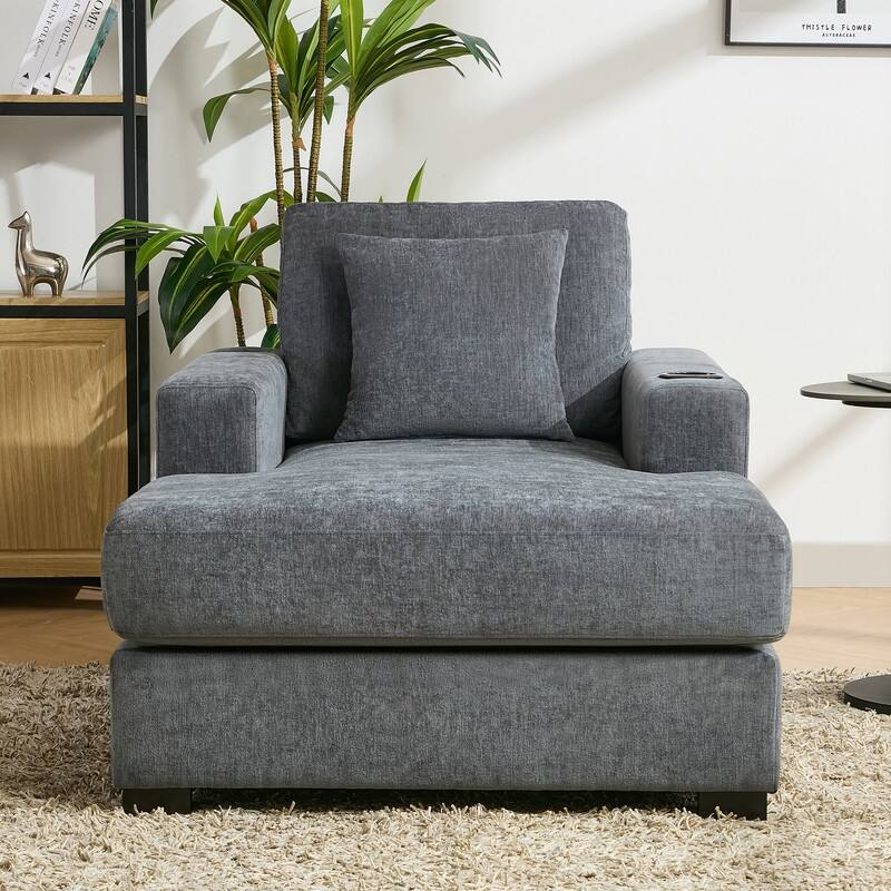 Chenille Fabric Oversized Chaise Lounger, 39.7''/43.5''/55'' Chair Bed Sofa Couch with Pillows, Charge Station & Cup Holders